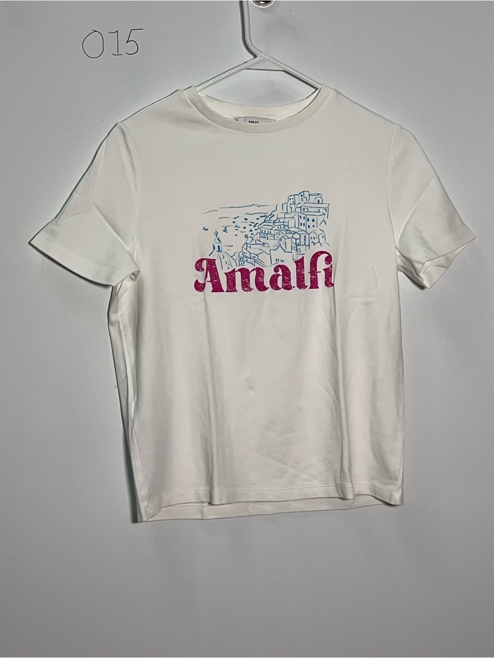 Mango White Short-Sleeve Tee with Pink Amalfi Print and Light Blue Sketch